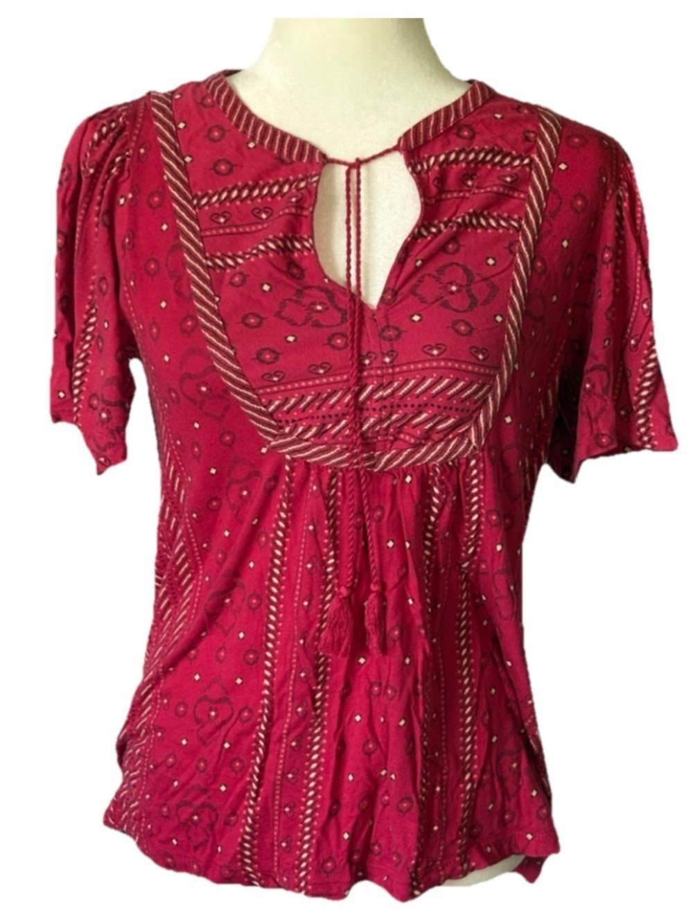 Lucky Brand Boho Peasant Top Small Red Geometric Tassel Cotton Modal Short Slv